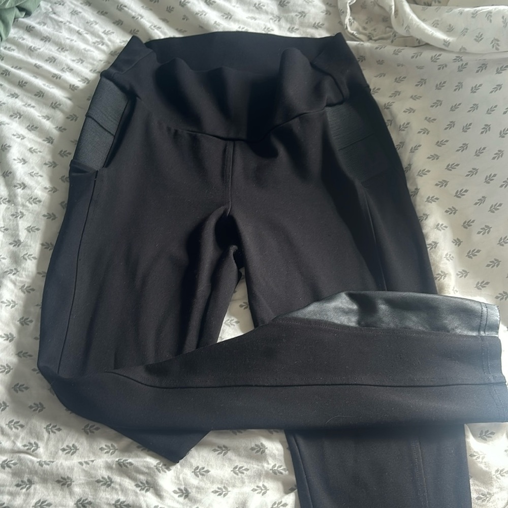Maternity fit pants. Pleather details at calves minor imperfections